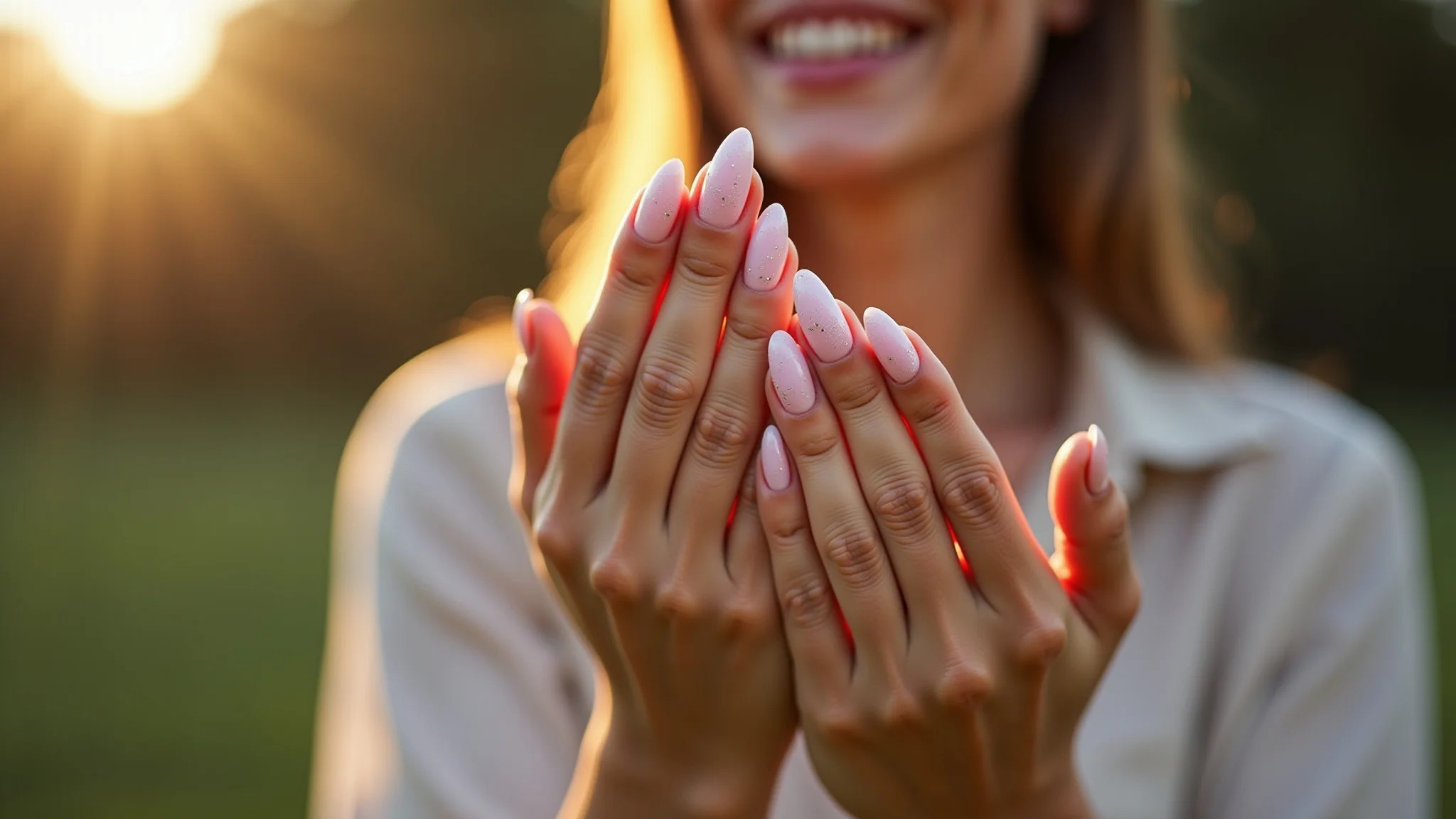 Mãos femininas com unhas de fibra de vidro baby boomer e glitter sutil.