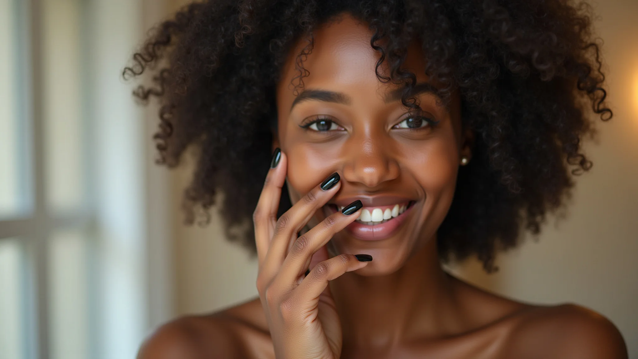 Jovem mulher negra exibindo sua unha francesinha preta, elegante e moderna.
