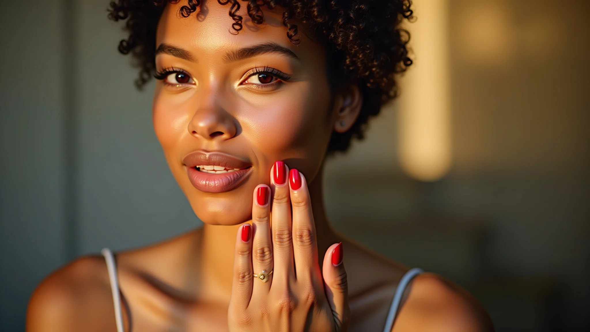 Mulher jovem exibindo unhas com francesinha vermelha, luz dourada suave.