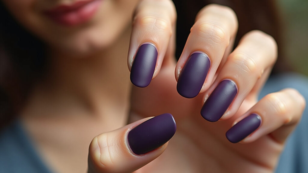 Unhas roxo escuro fosco.