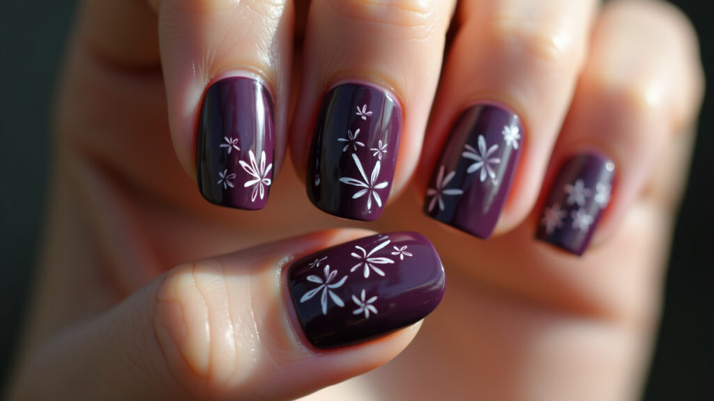 Unhas roxo escuro com flores delicadas.