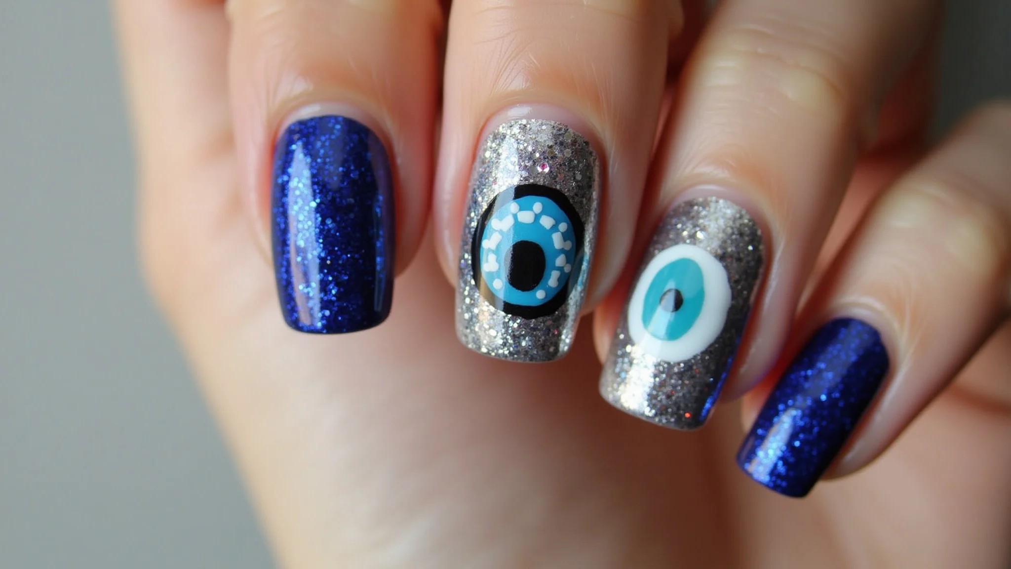 Unhas de gel com glitter e olho grego brilhante.