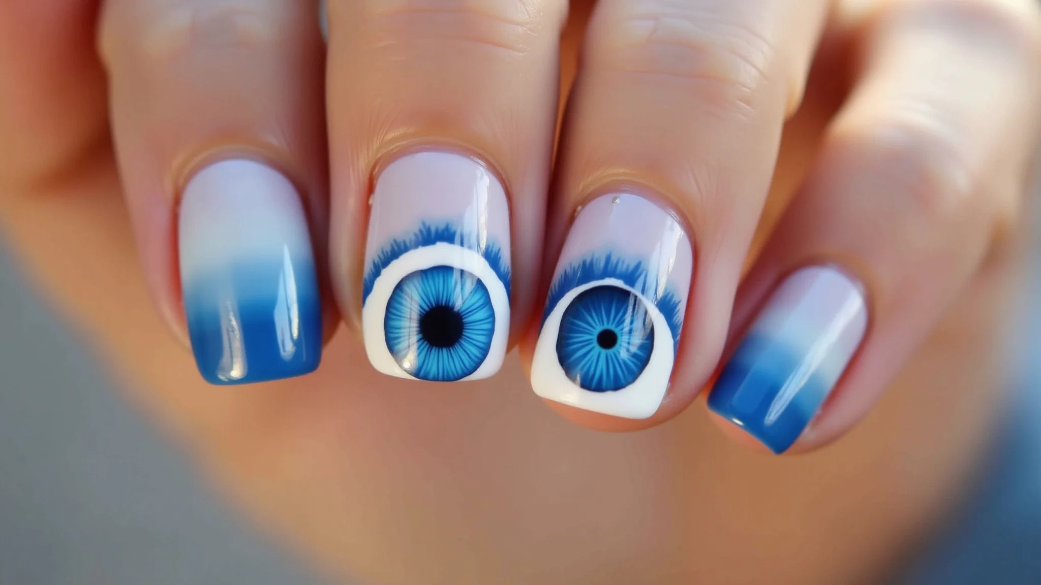 Unhas degradê com olho grego suave e elegante.