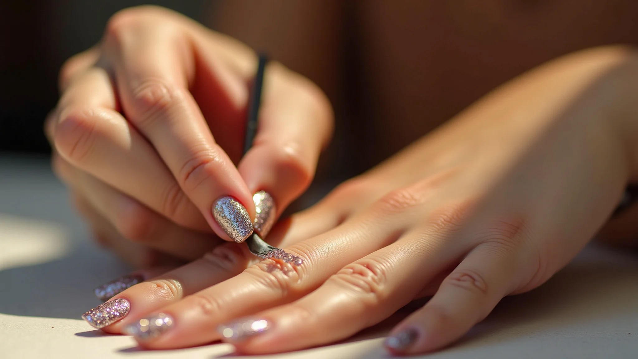 Decoração de unhas de fibra de vidro com glitter.