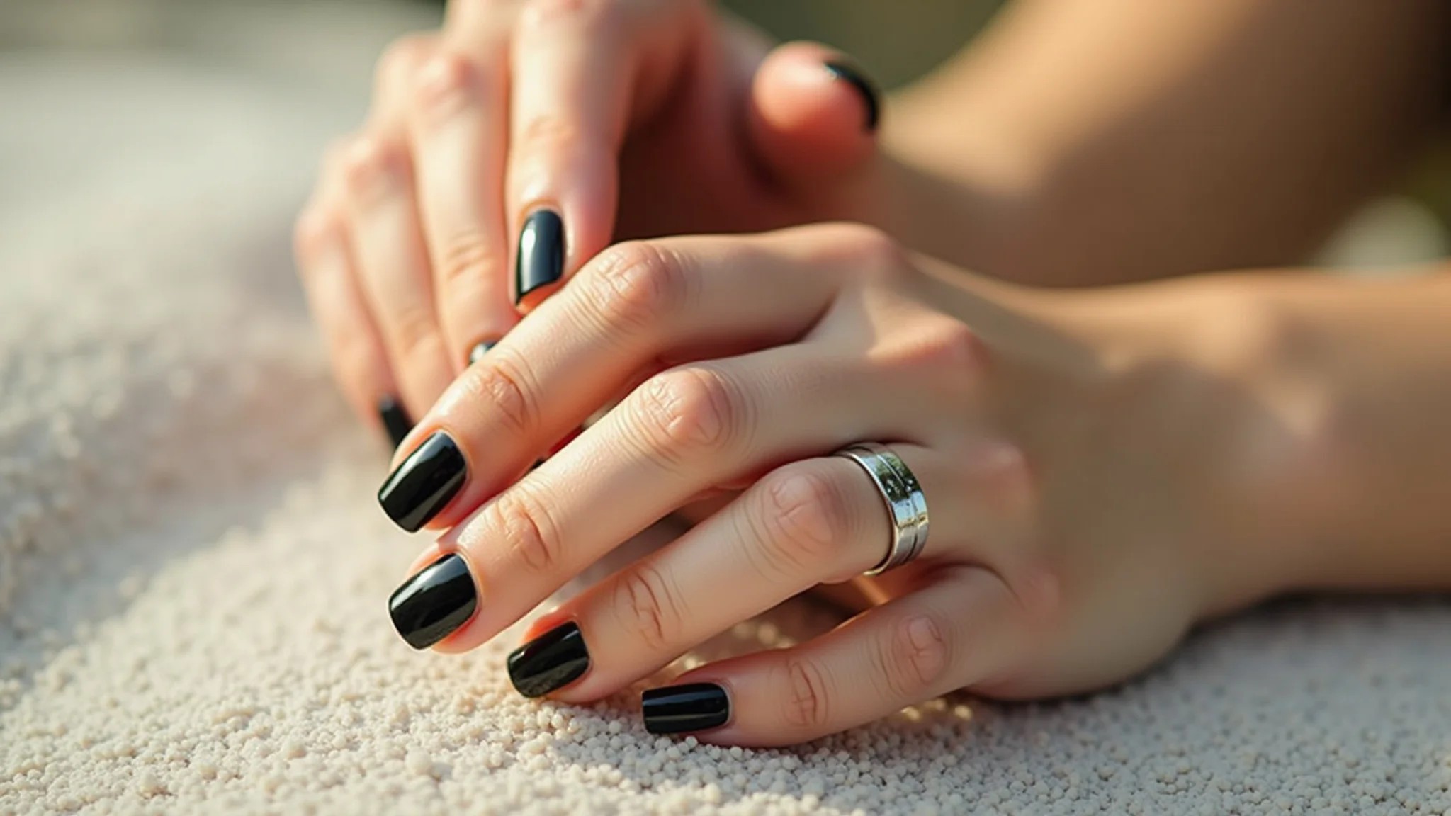 Mãos com unhas pretas e brancas impecáveis, cutículas hidratadas com óleo.