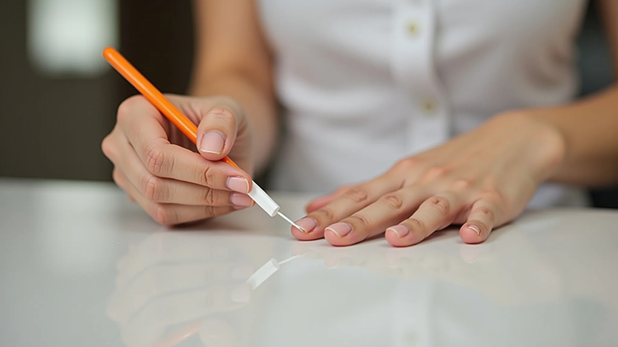 Limpando os cantinhos das unhas para um acabamento impecável na decoração de inverno.