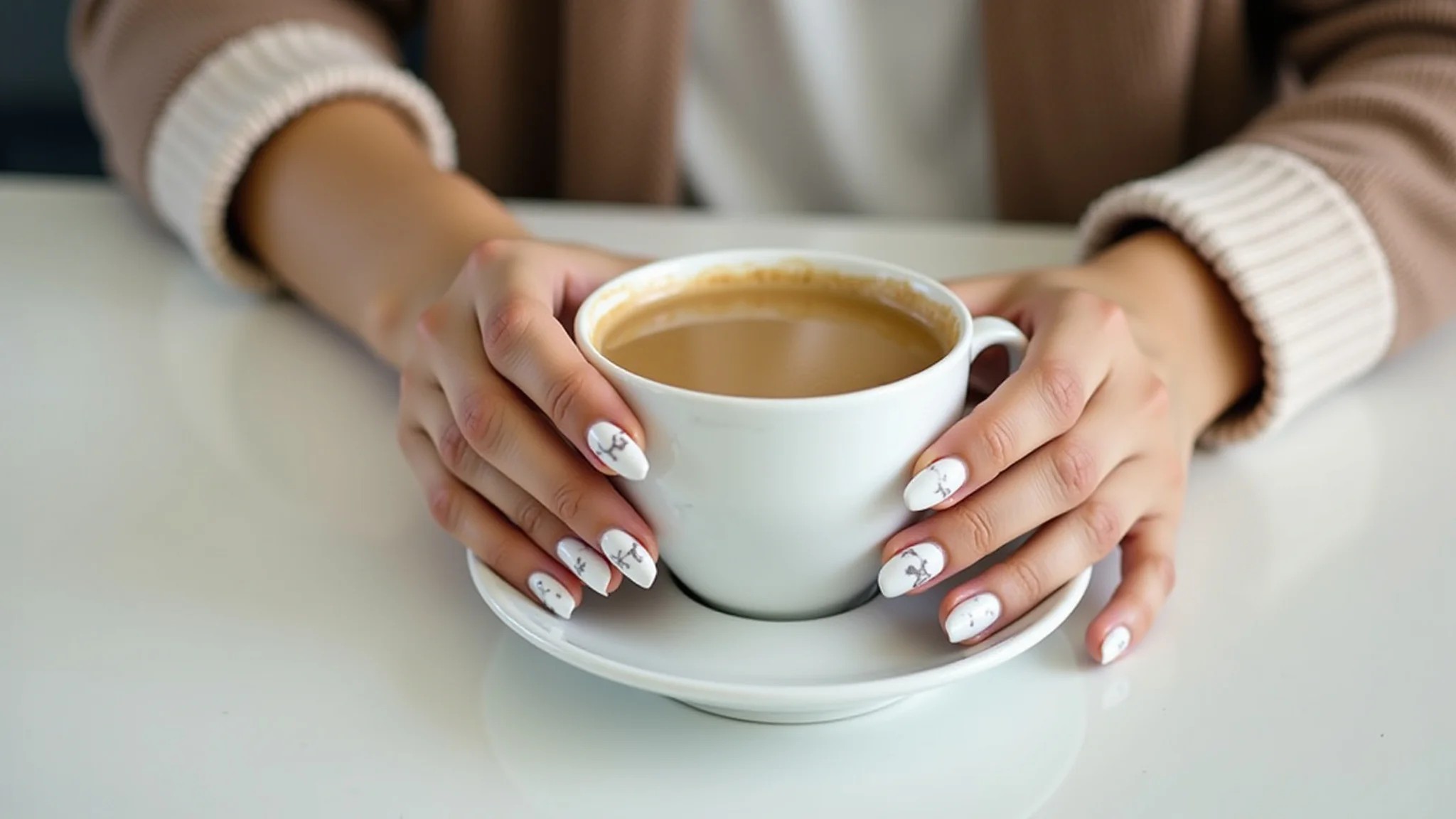 Unhas marmorizadas em tons de branco e cinza, mãos femininas segurando xícara de café.