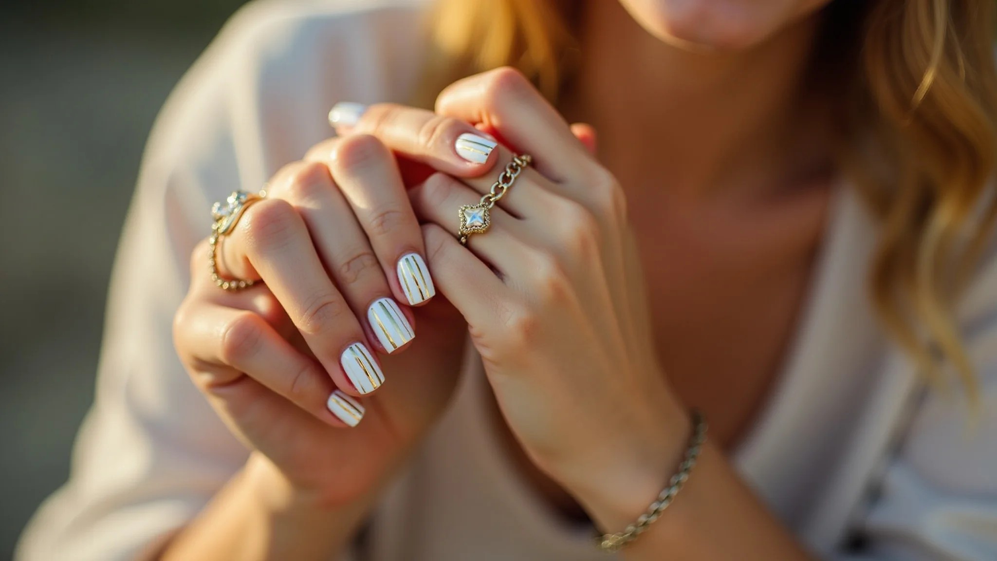 Unhas brancas com listras douradas, pulseira de estilo brasileiro, luz suave.