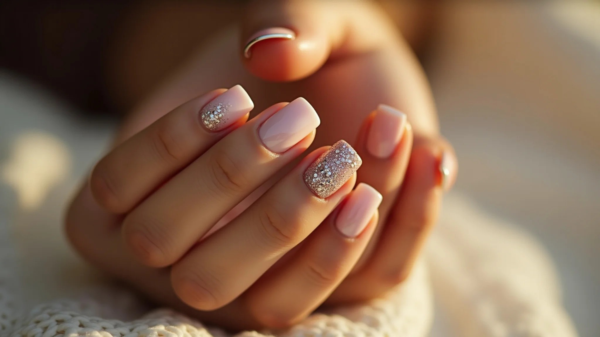 Unhas quadradas curtas com filha única de glitter delicado, toque sutil de brilho.