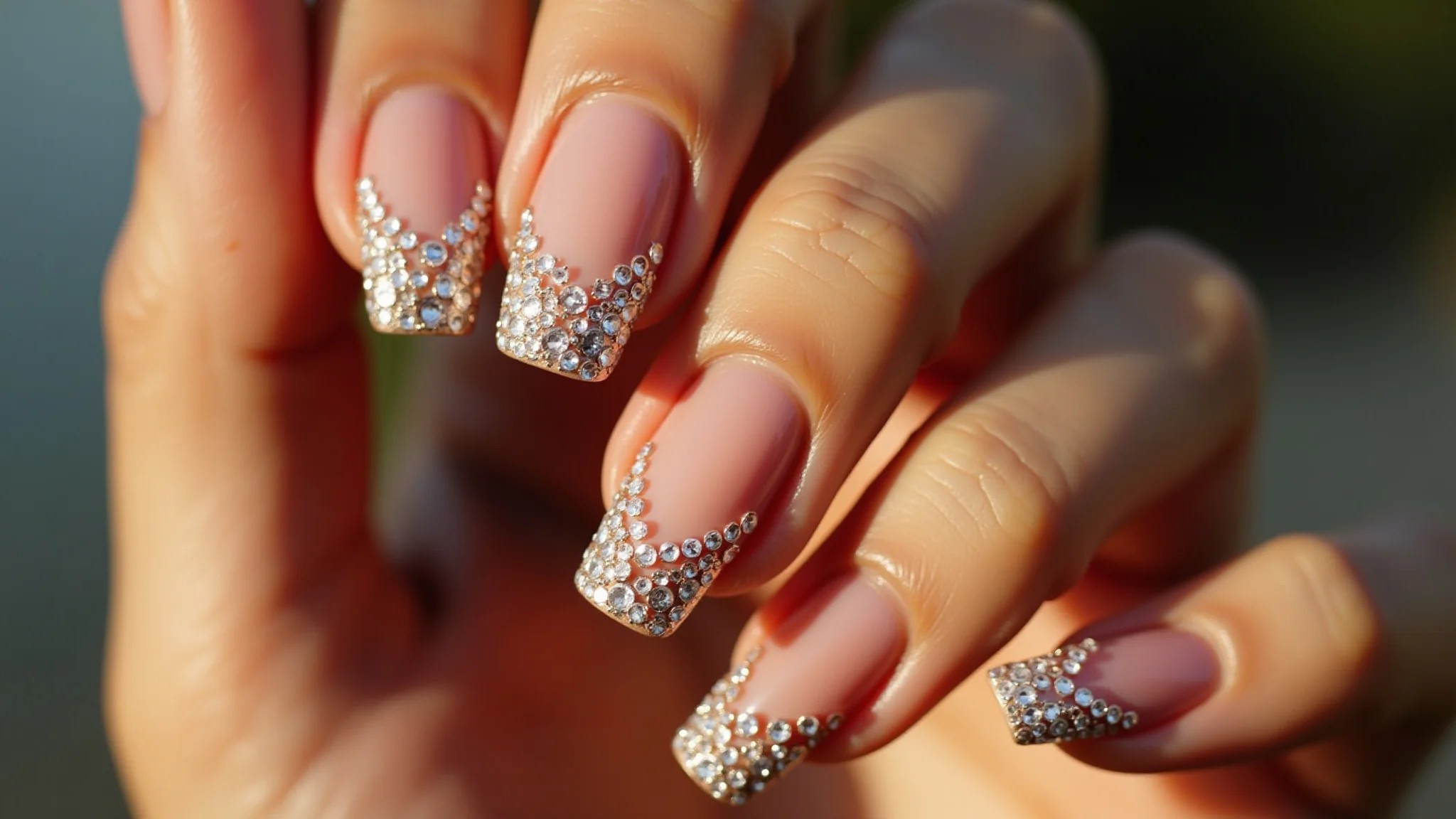 Unhas com pedrinhas e strass, toque de glamour e sofisticação.