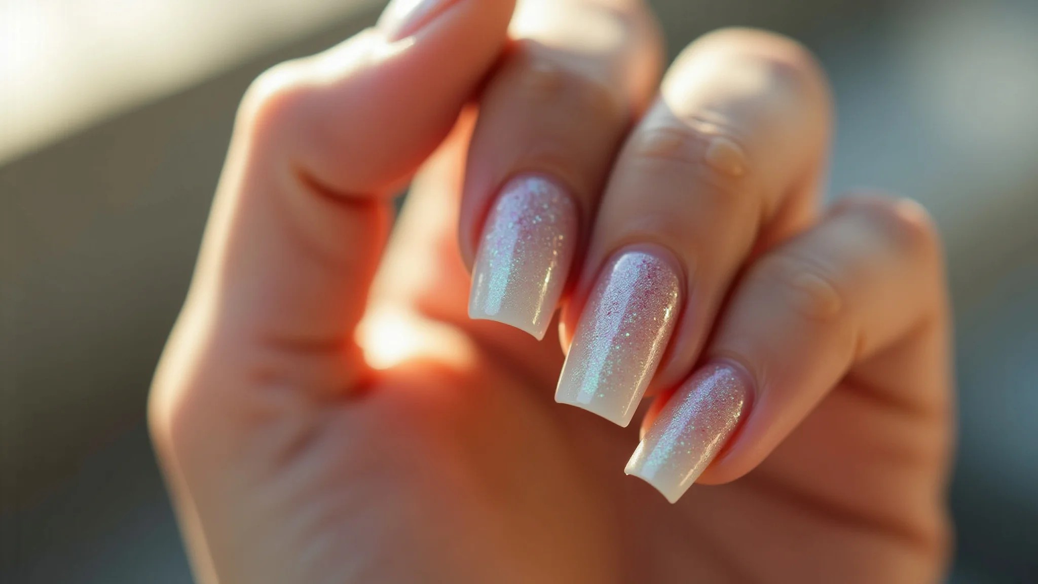 Unhas de fibra de vidro quadradas com efeito ombré e glitter furta-cor nas pontas.