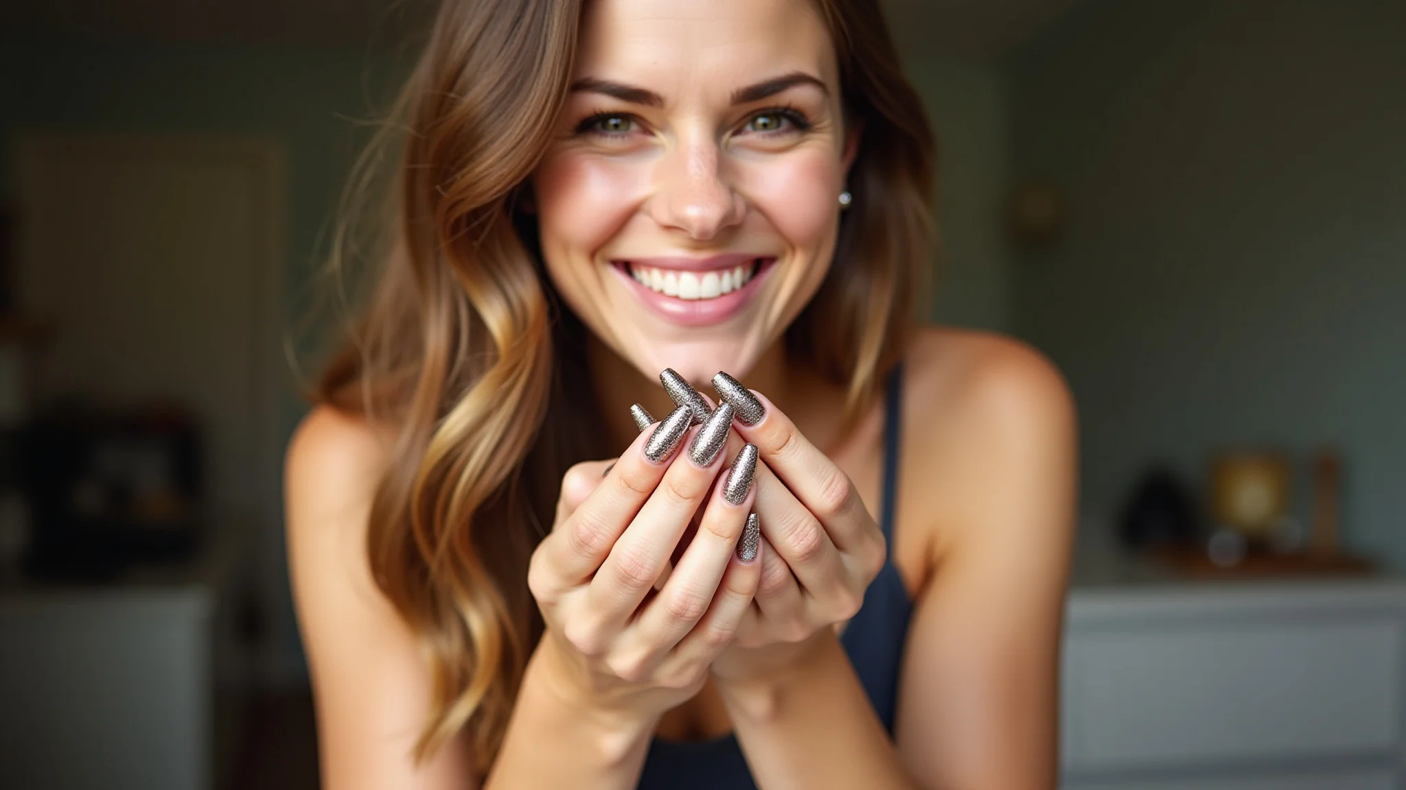 Mulher sorrindo com unhas de fibra e glitter, estilo Farm Rio.