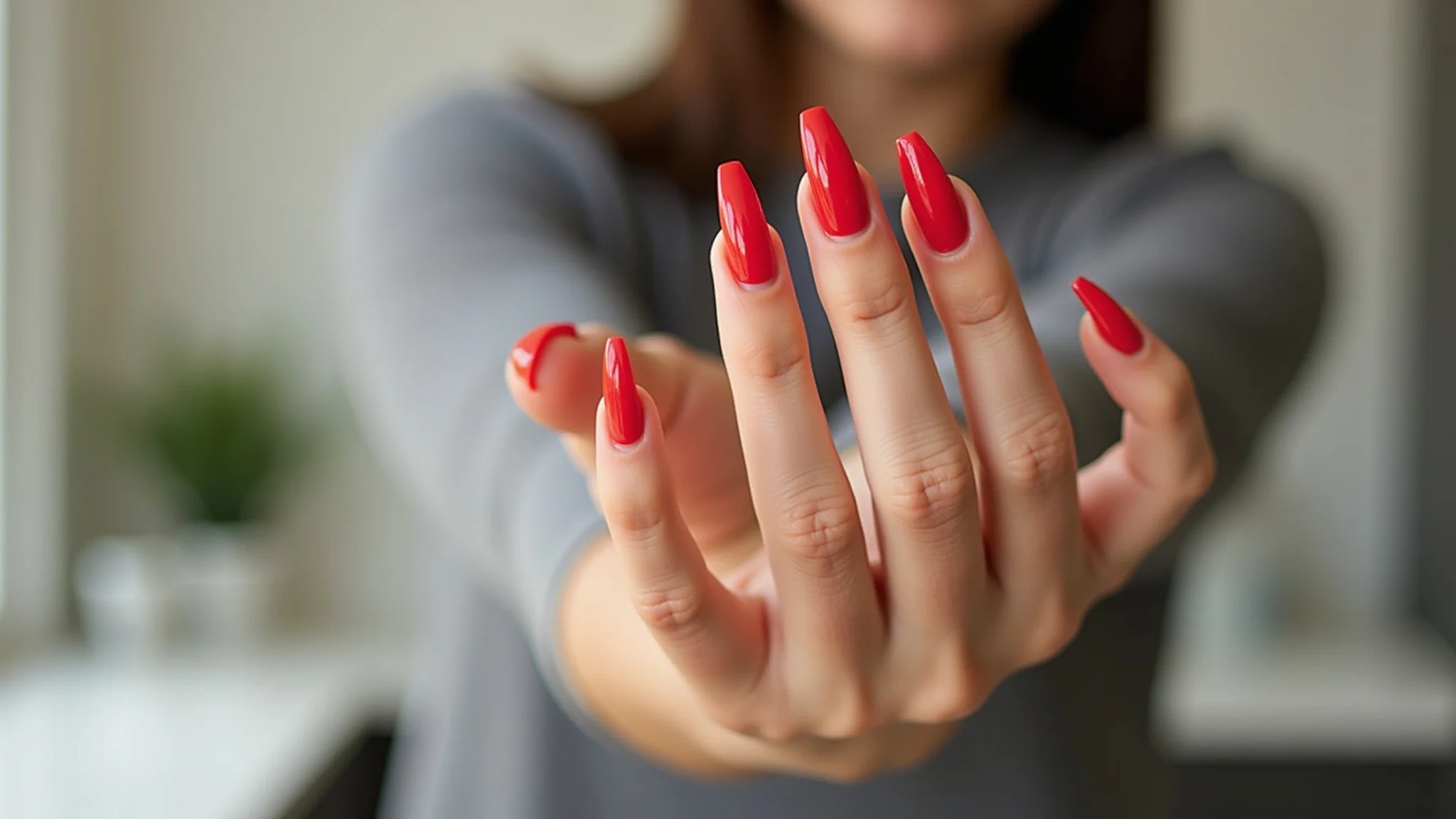 Francesinha vermelha moderna em unhas de fibra de vidro, design inovador.