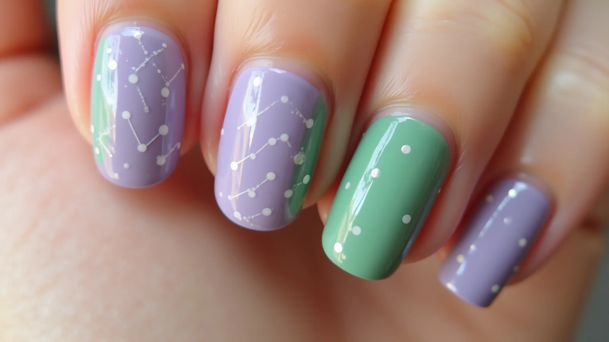 Desenhos geométricos lilás e verde em unhas decoradas com fitas.