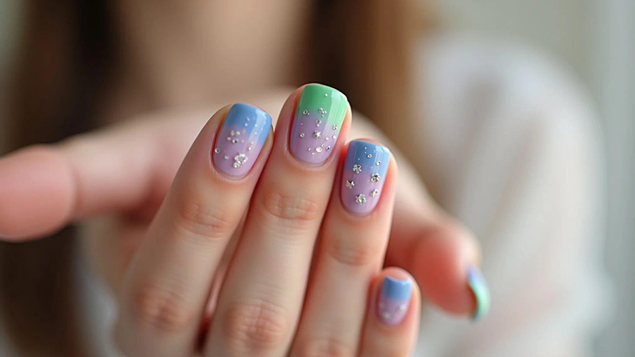 Francesinha invertida lilás e verde vibrante em unhas femininas.