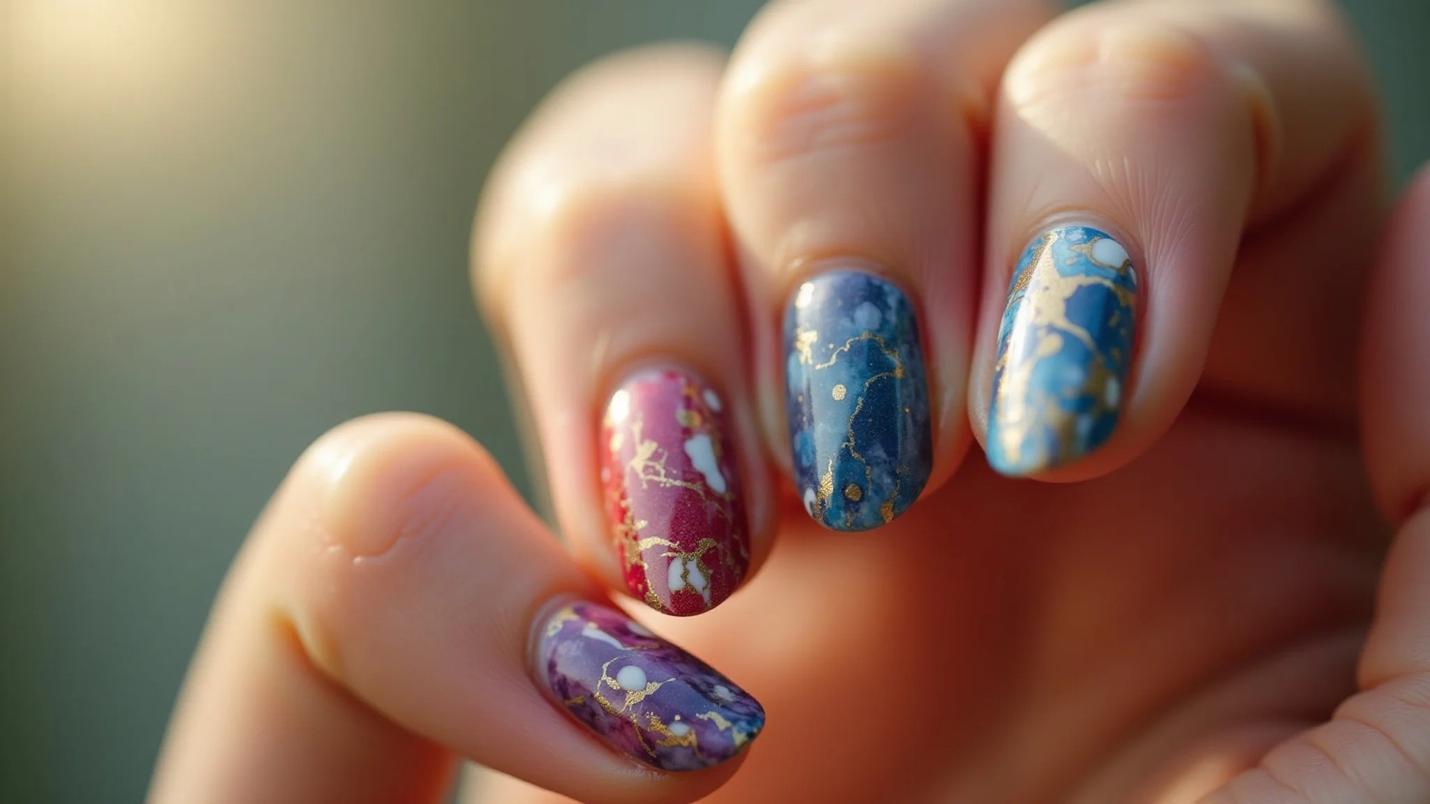 Unhas marmorizadas com efeito degradê, transição suave e moderna entre as cores.