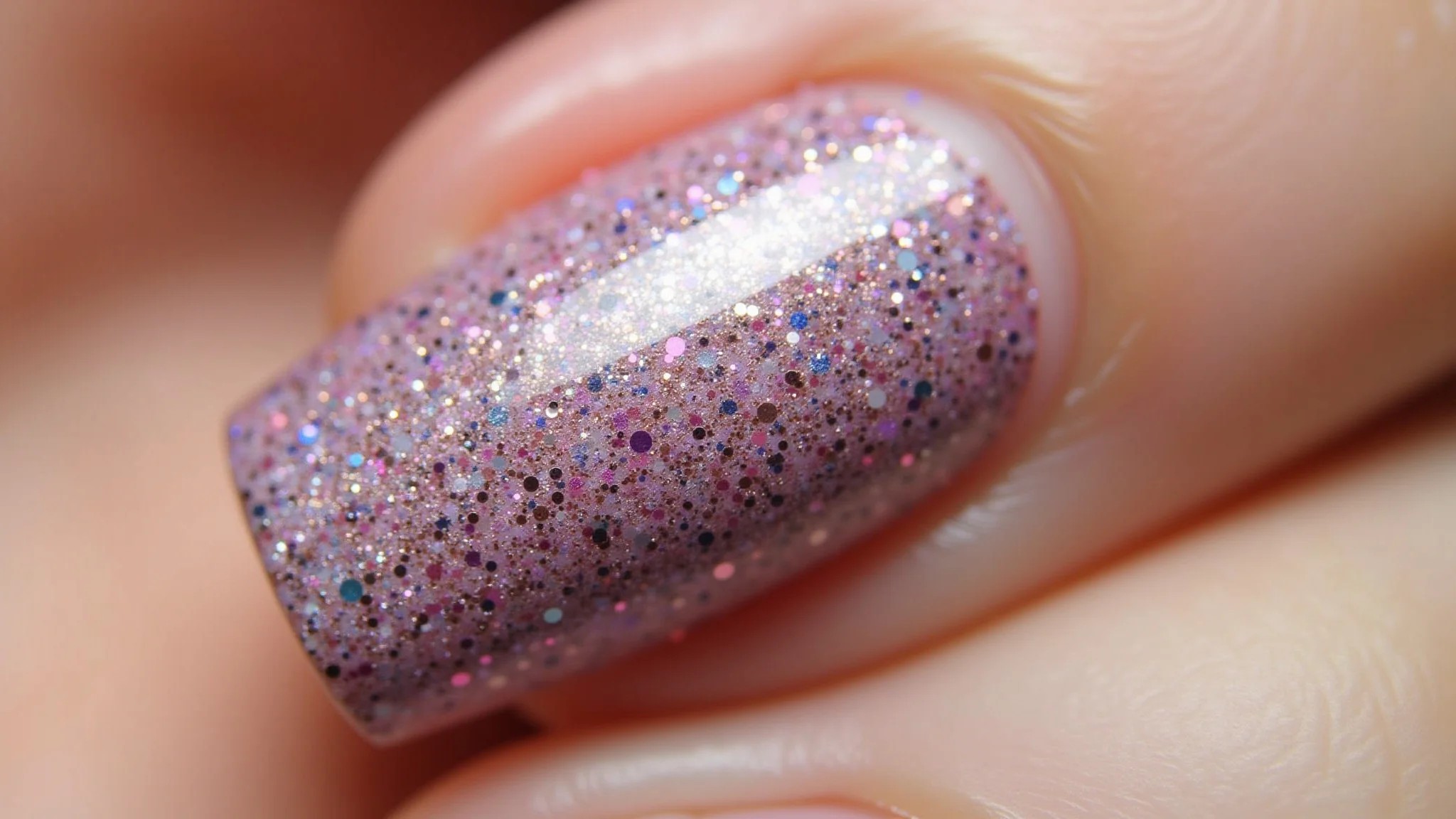 Mistura de glitter e esmalte cremoso, textura única, fotografia profissional.
