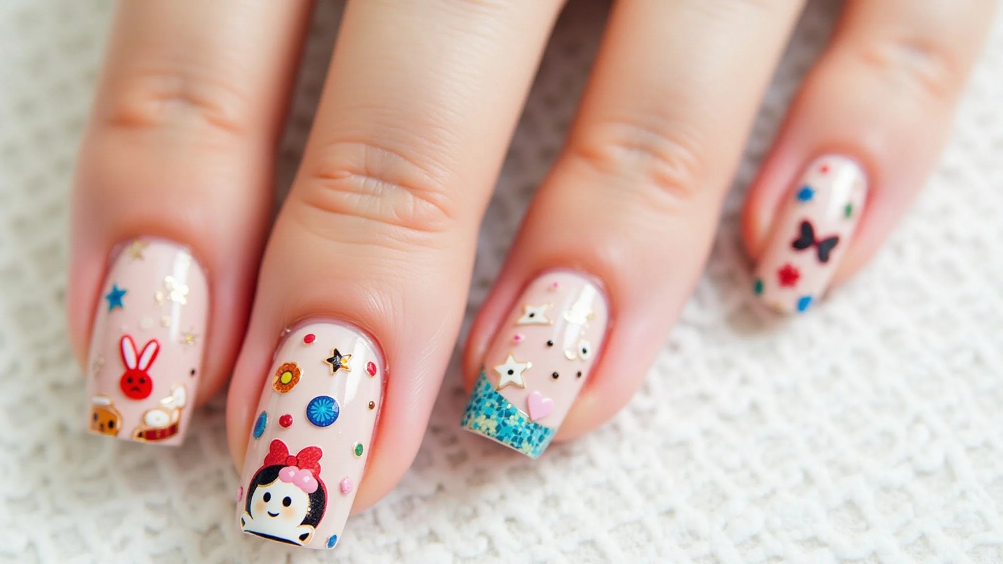 Unhas com adesivos de fita do Outubro Rosa, mãos diversas, decoração fácil.