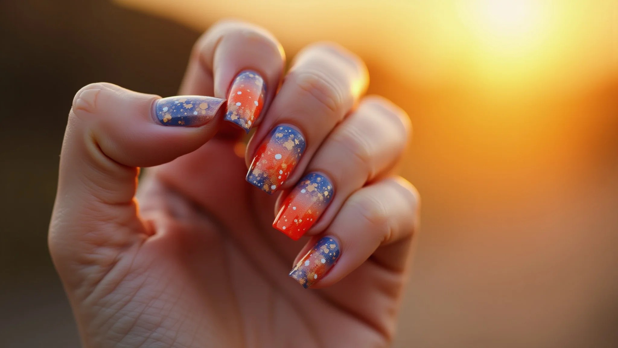 Unhas com efeito degradê inspiradas nas cores do pôr do sol.
