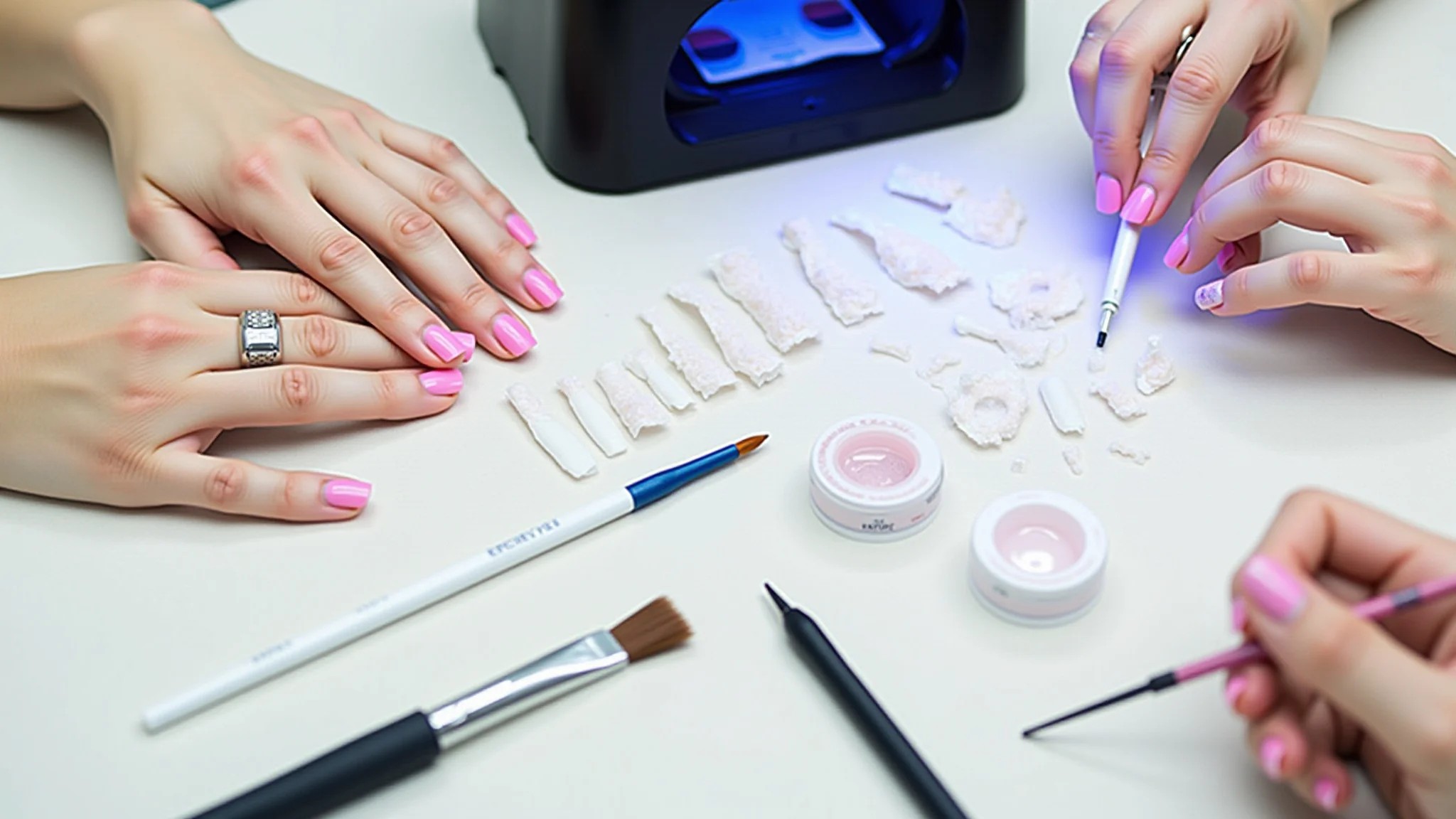 Visão geral dos materiais para unhas de fibra: gel, fibra, pincéis e cabine UV.