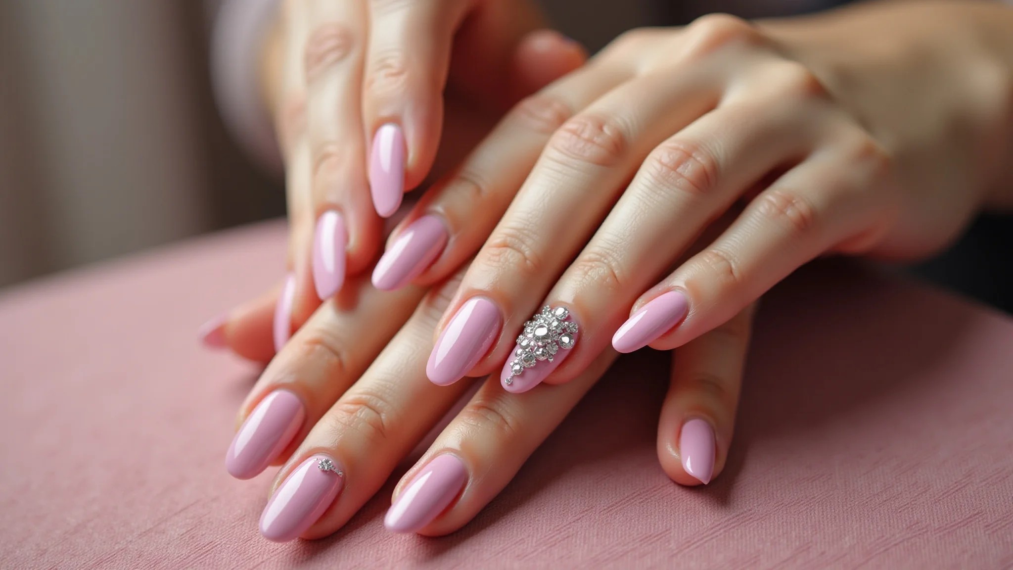 Unhas rosas com pedrarias, mãos diversas, estilo luxuoso, tema Outubro Rosa.
