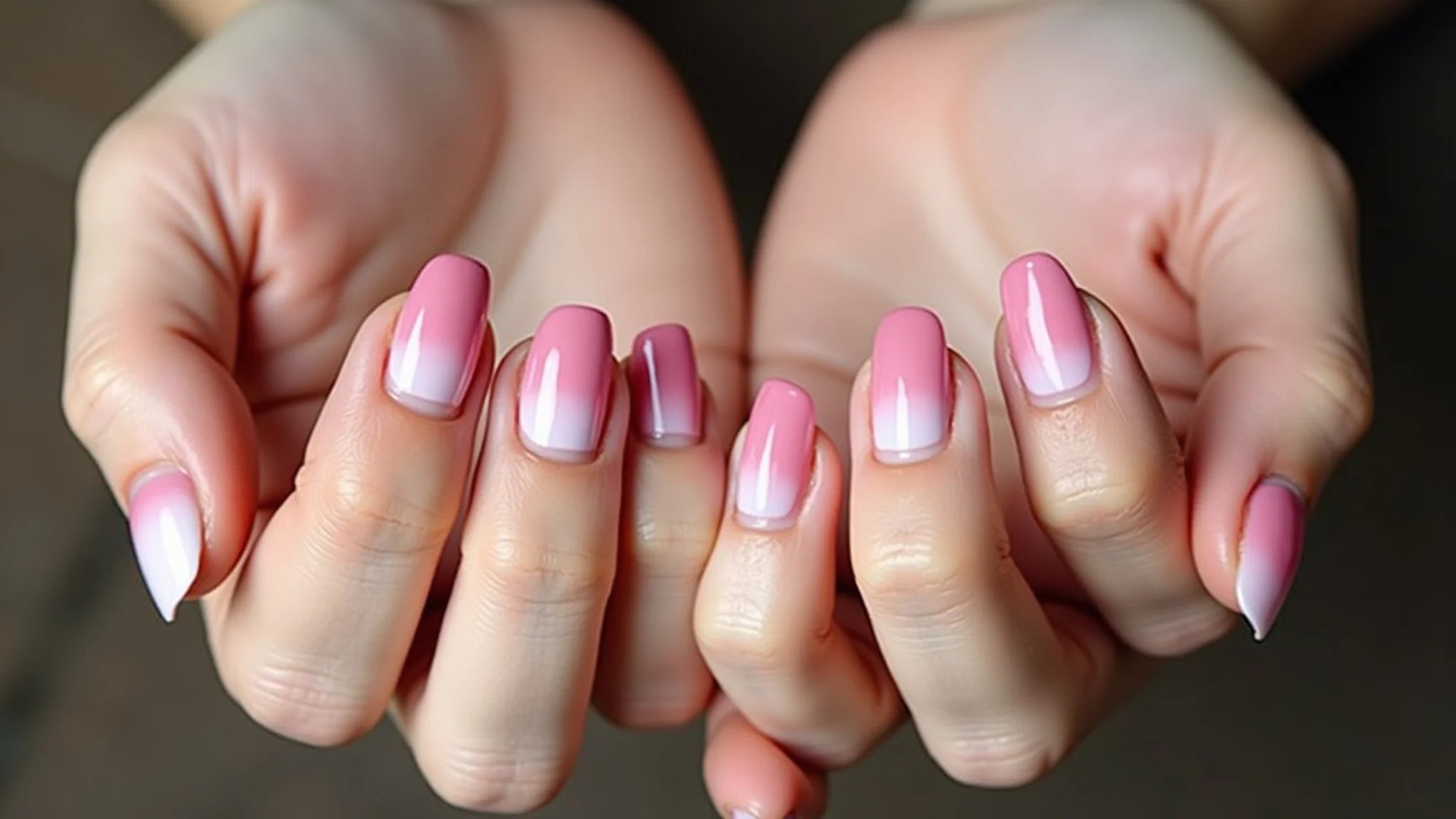 Unhas degradê rosa, mãos diversas, suave e elegante, tema Outubro Rosa.