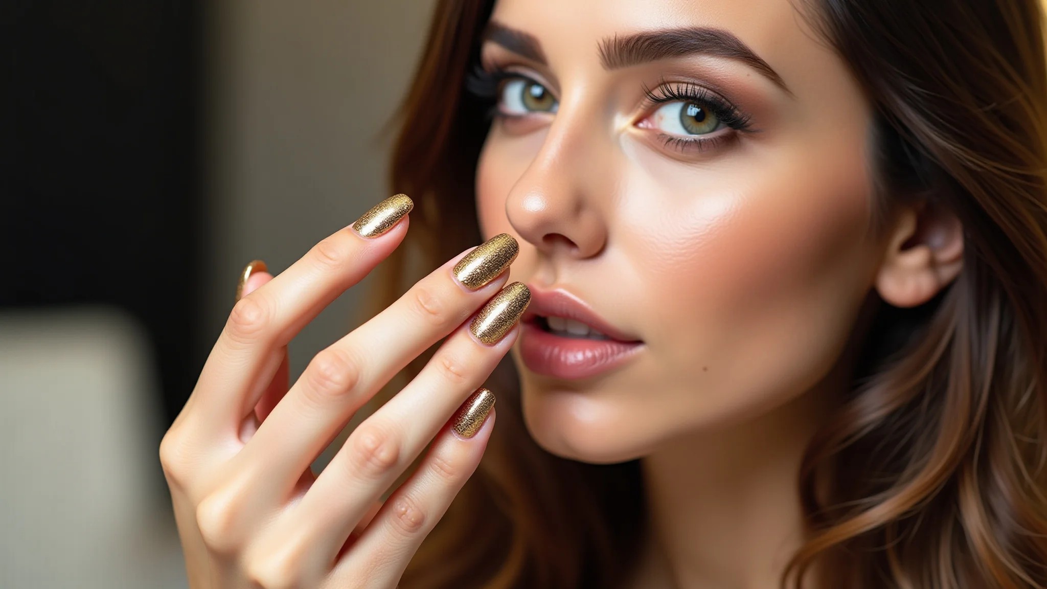 Unhas de fibra com glitter dourado, visual glamouroso, estilo brasileiro.