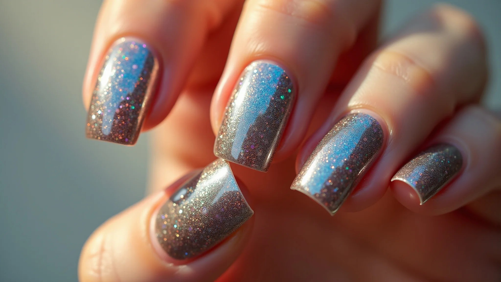 Unhas de fibra com glitter furta-cor, cores que mudam, foto profissional.