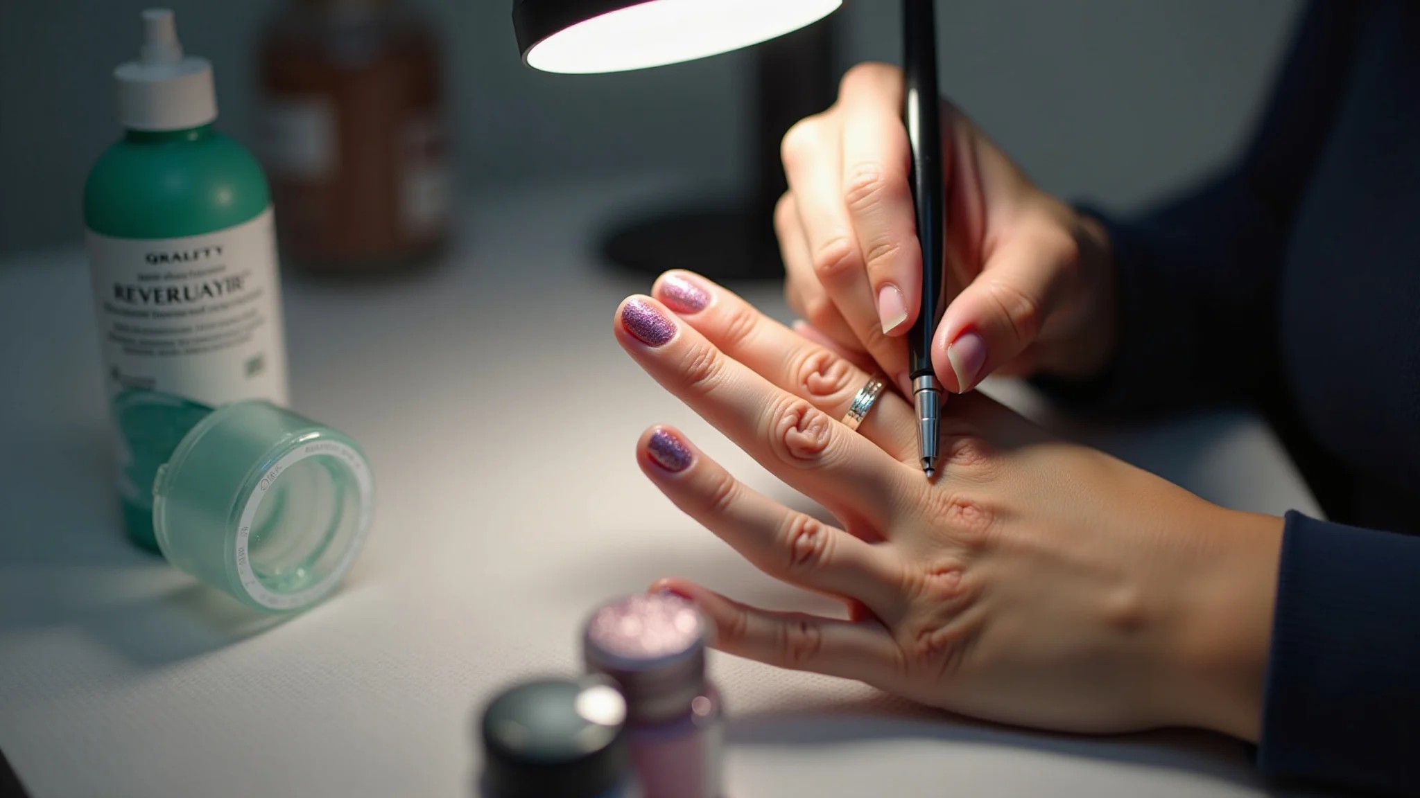 Mãos aplicando glitter em unhas de fibra, passo a passo profissional.