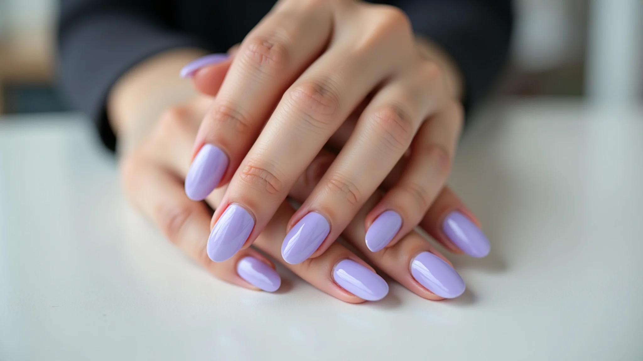 Unhas amendoadas com francesinha lilás, fotografia profissional.