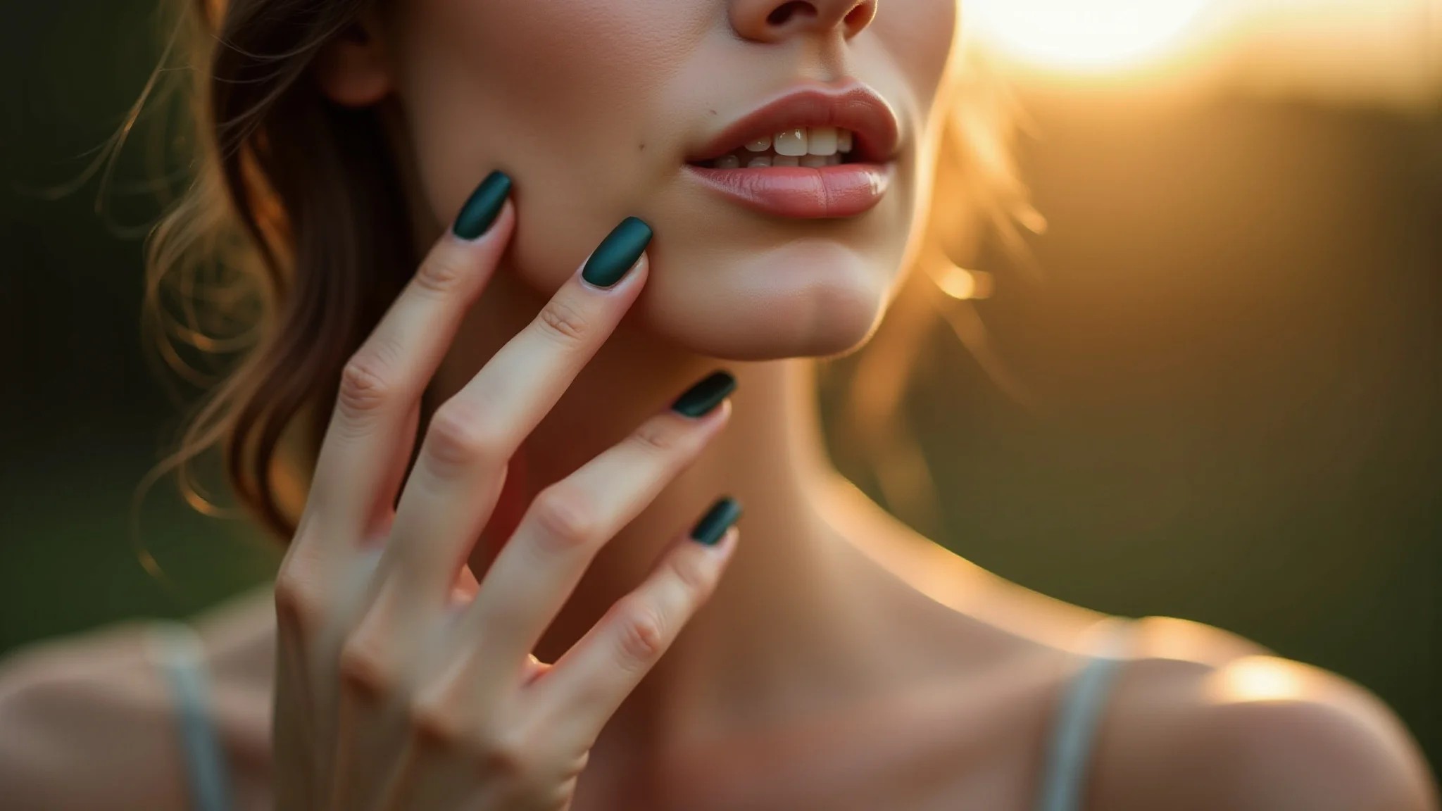 Unhas verde militar foscas, elegância discreta.