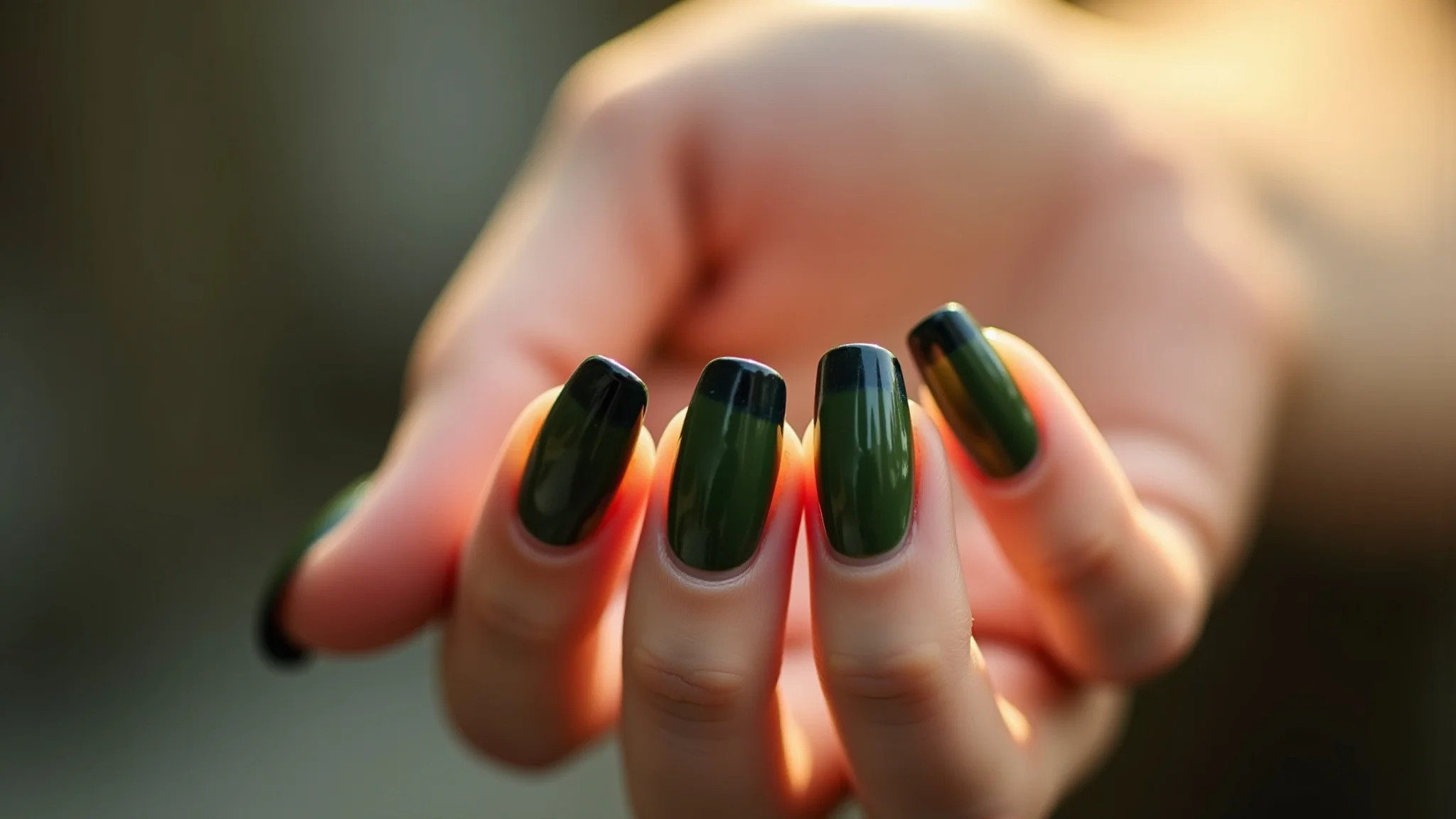 Unhas com degradê verde militar e pontas verde escuro.