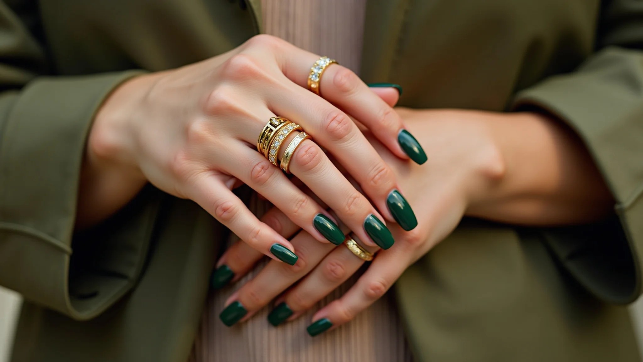 Unhas verde militar combinadas com acessórios dourados.