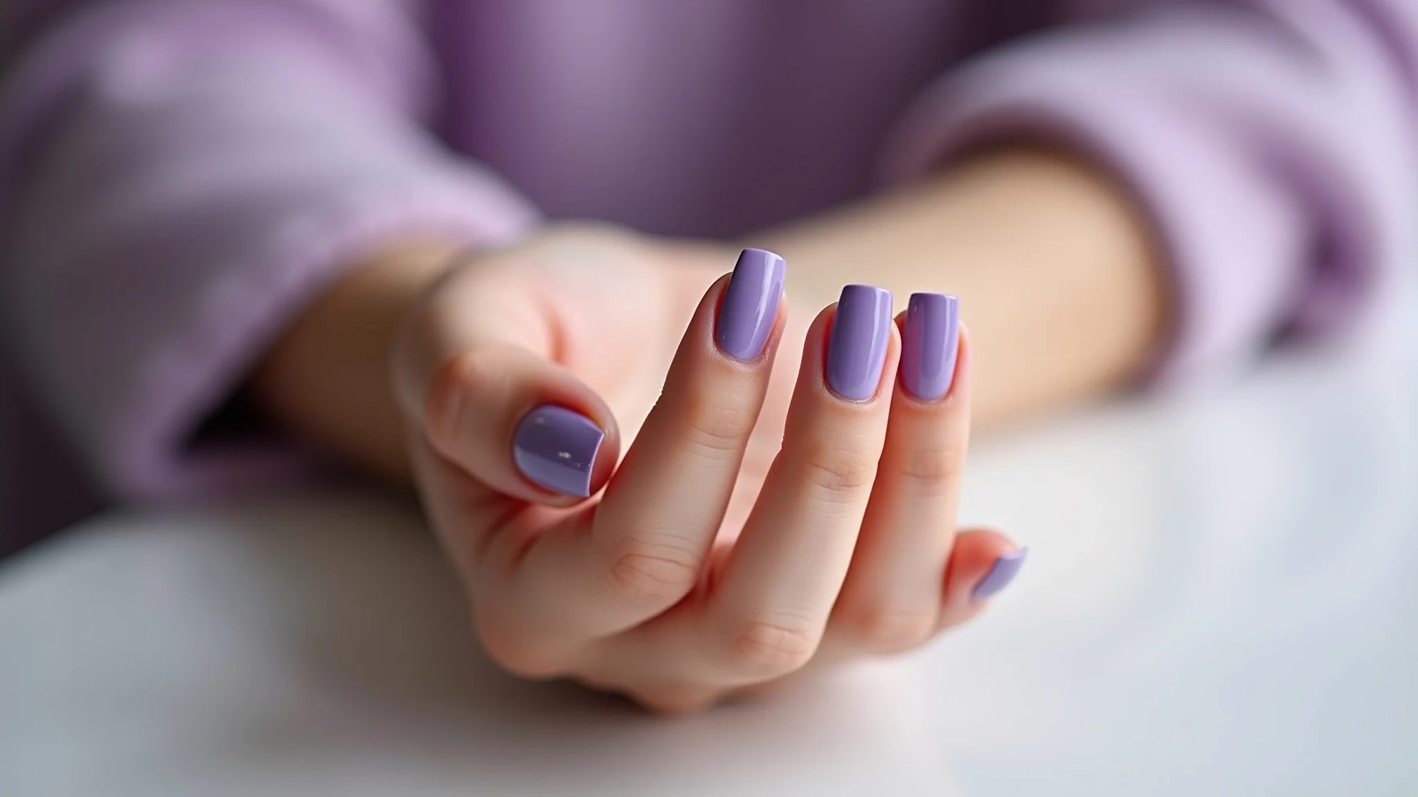 Unhas lilás minimalistas, fotografia profissional.