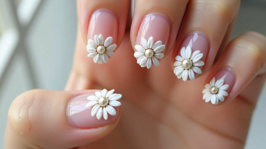 Unhas 3D com margaridas texturizadas e pérolas.