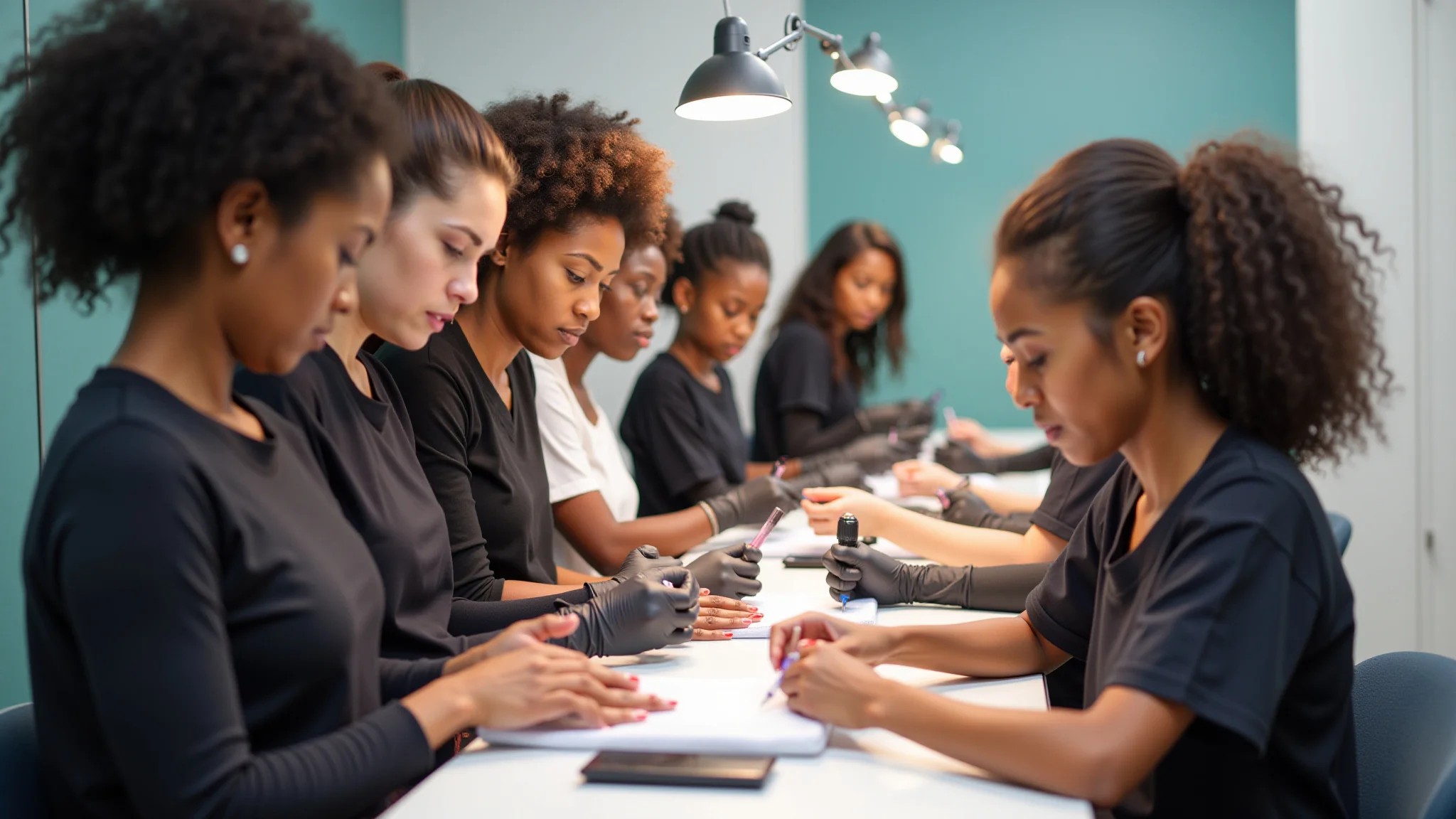 Mulheres aprendendo a aplicar unhas de fibra em salão de beleza.