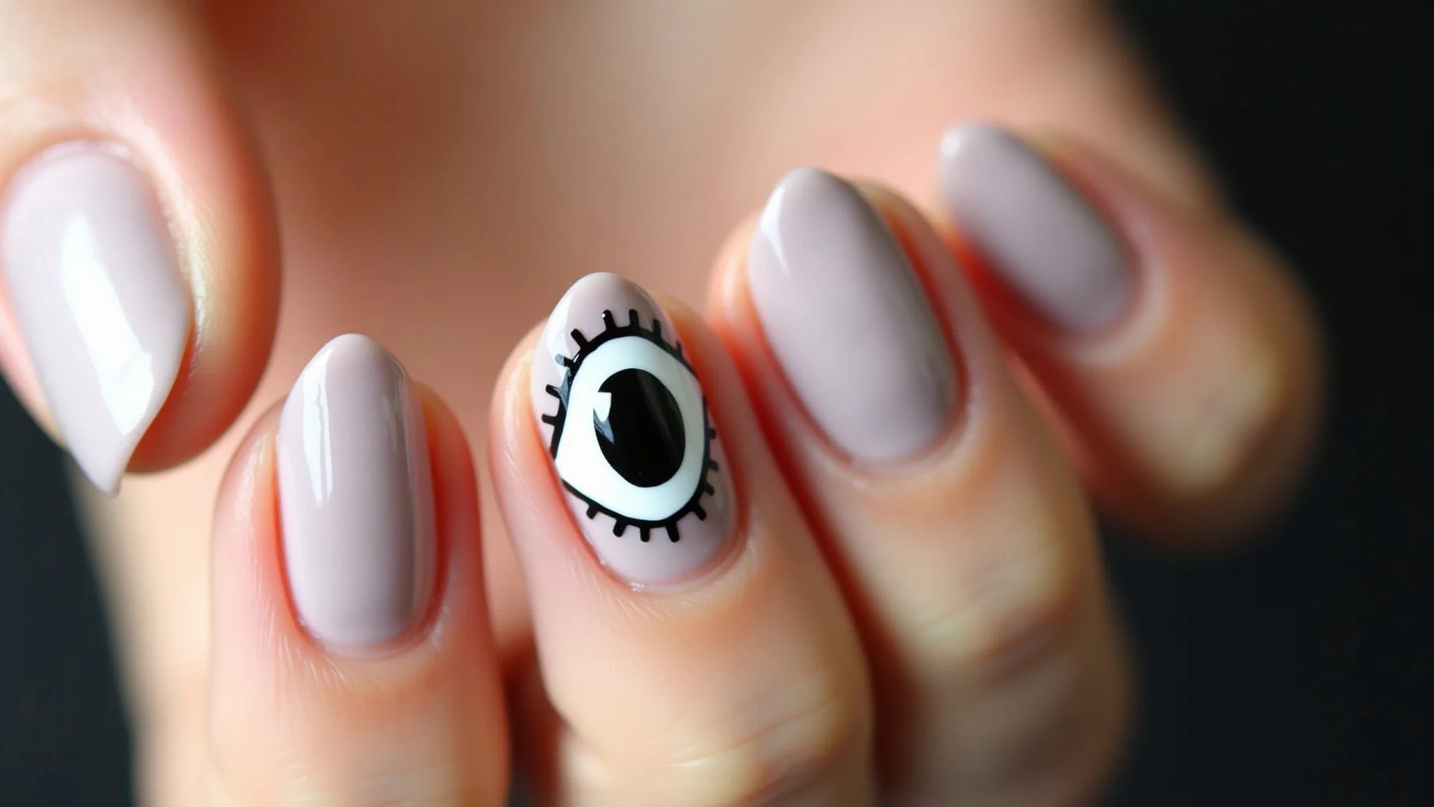 Filha única com olho grego em unhas nude.