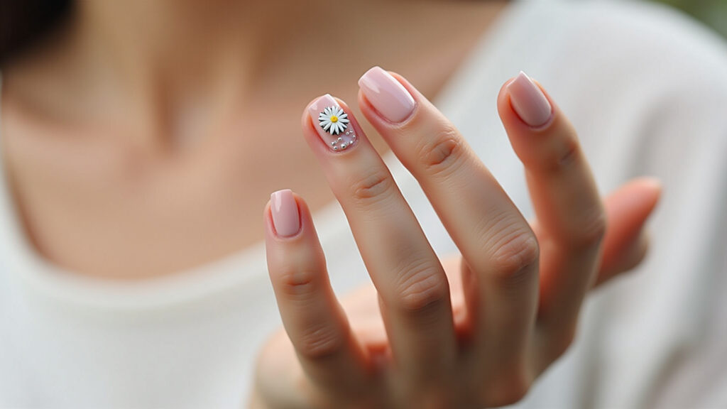 Filha única com margarida em unhas neutras.