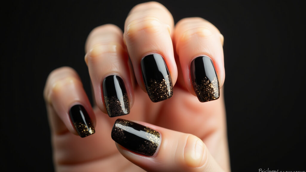Unha preta decorada com glitter dourado.