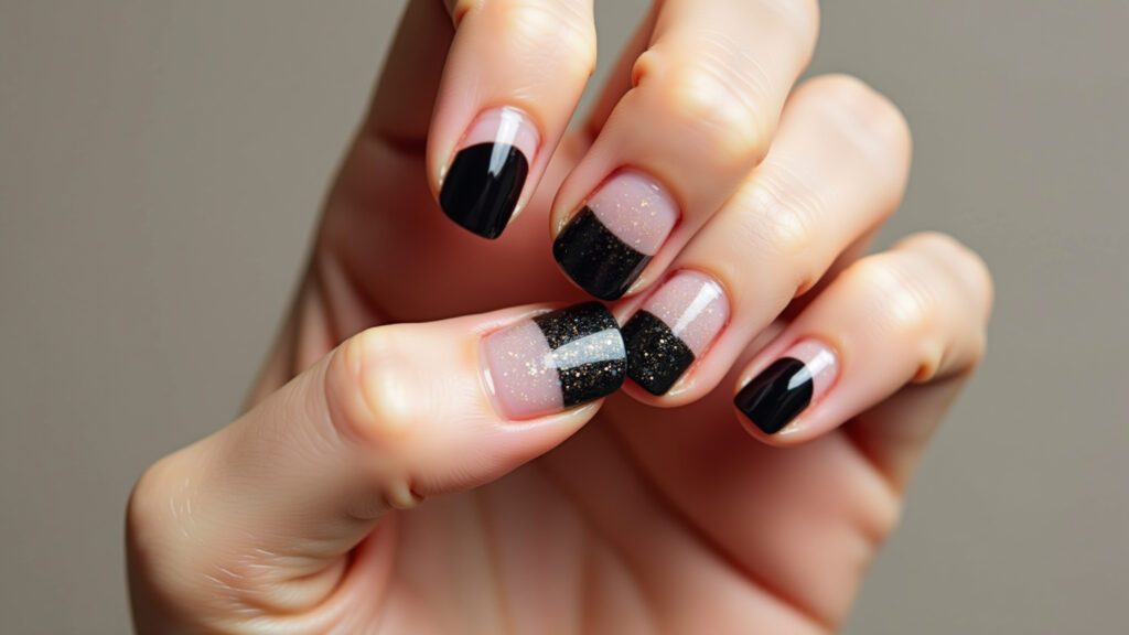 Unha preta com glitter na francesinha.