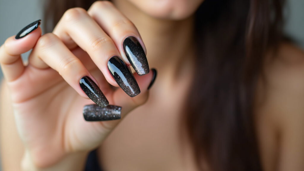 Unha preta com glitter degradê.
