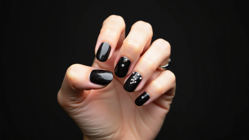 Unha preta com glitter e pedrarias.