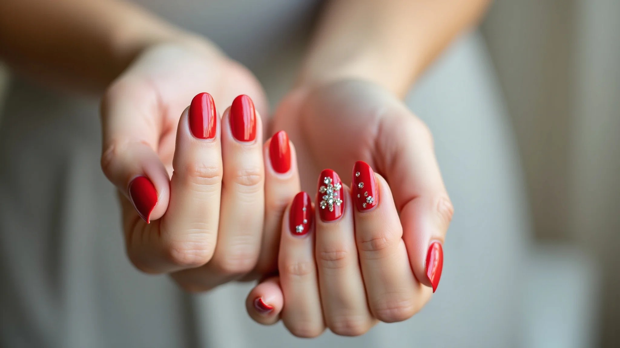 Unhas vermelhas com pedrarias delicadas, manicure glamourosa.