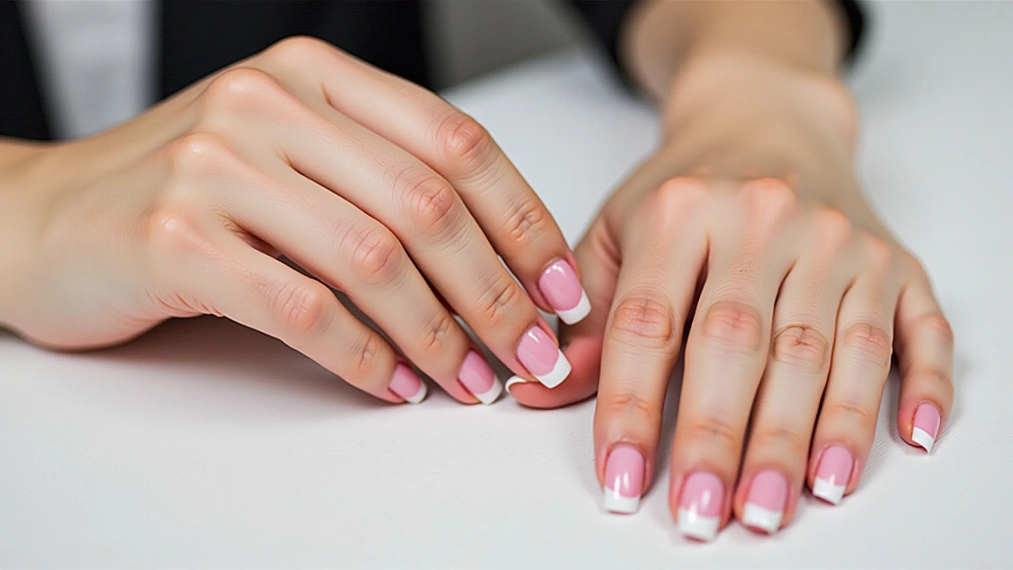 Mãos femininas com unhas rosas e francesinha invertida, estilo moderno.