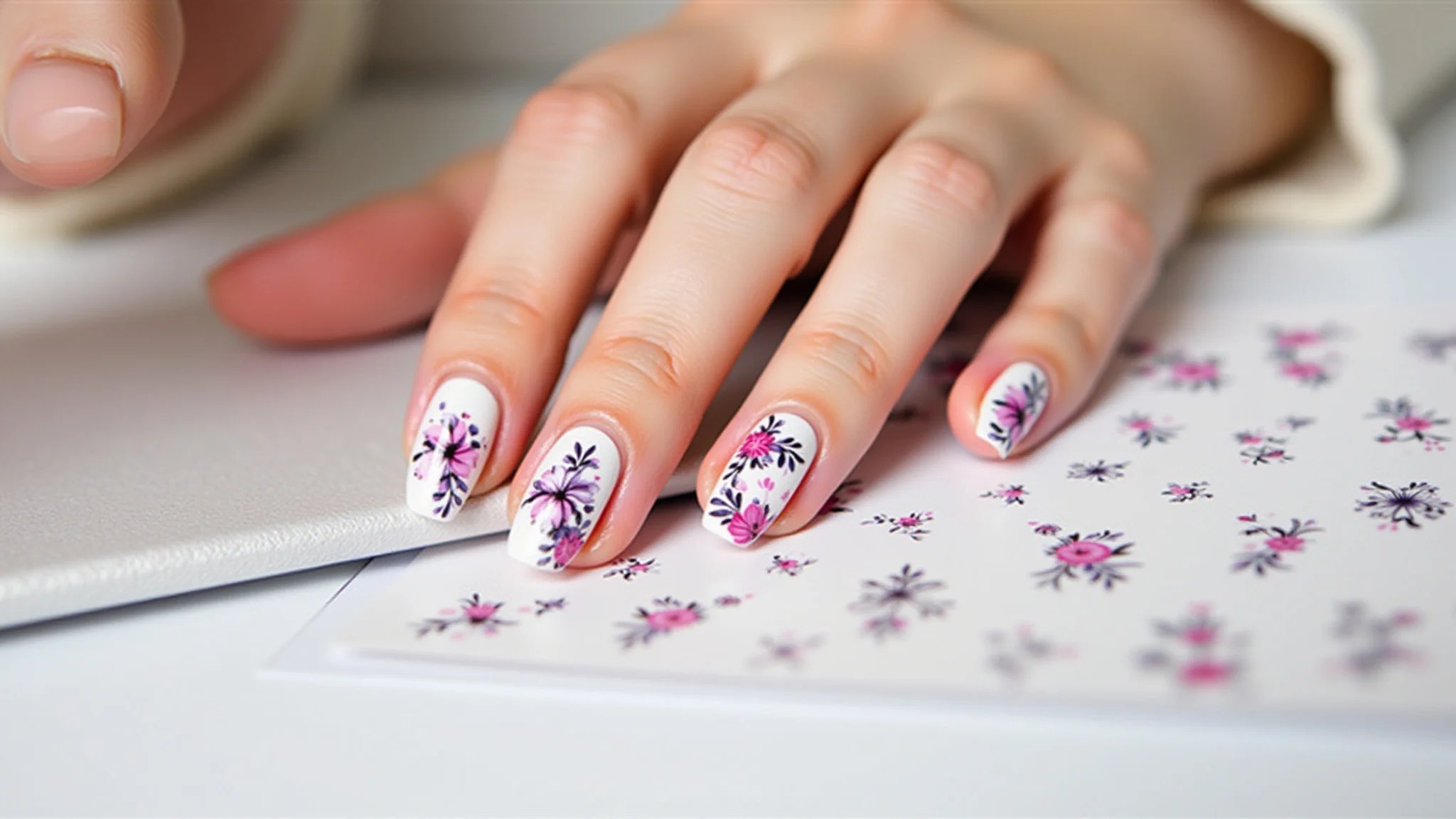 Unhas bailarina com adesivos de unha com tema floral, fotografia profissional.