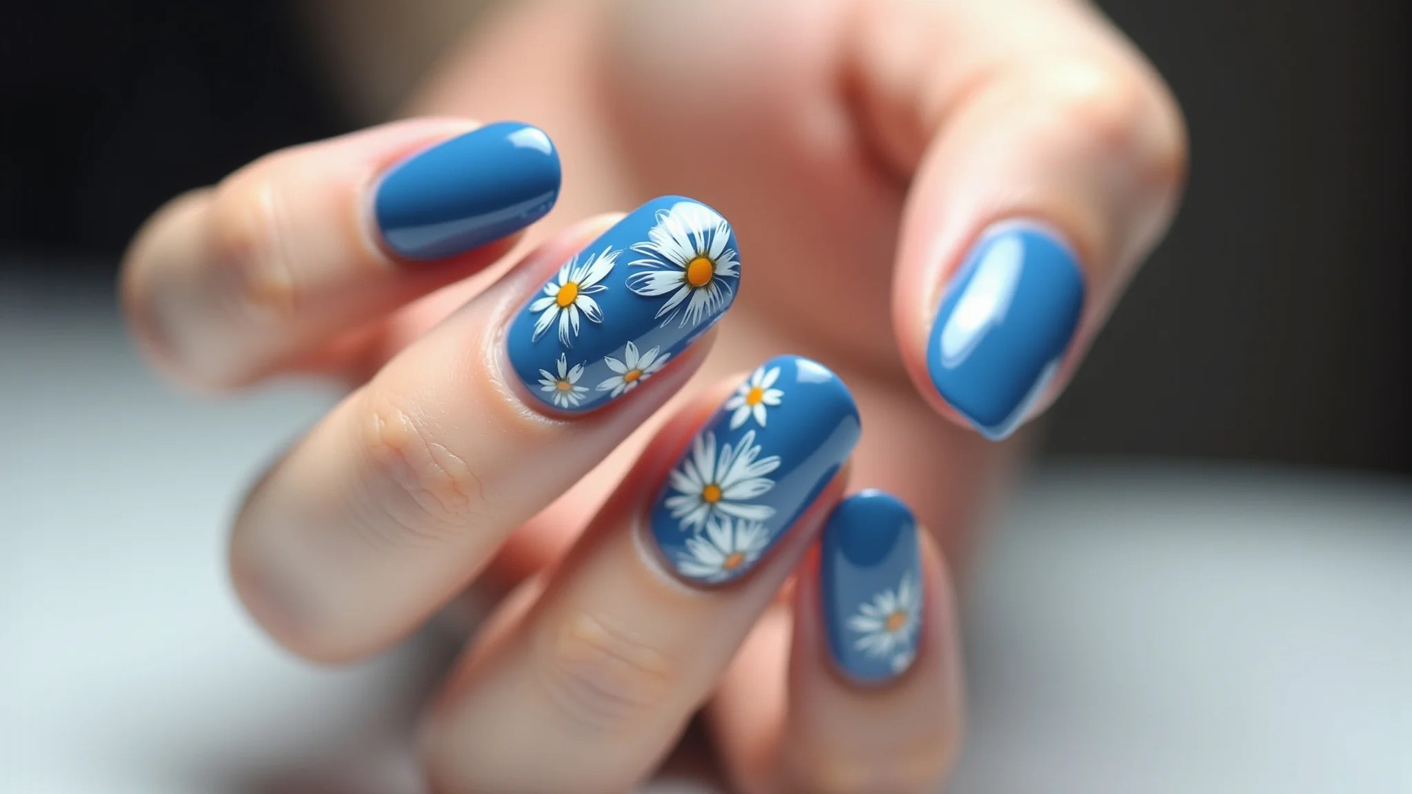 Unhas azuis com desenhos florais, solte a criatividade, nail art.
