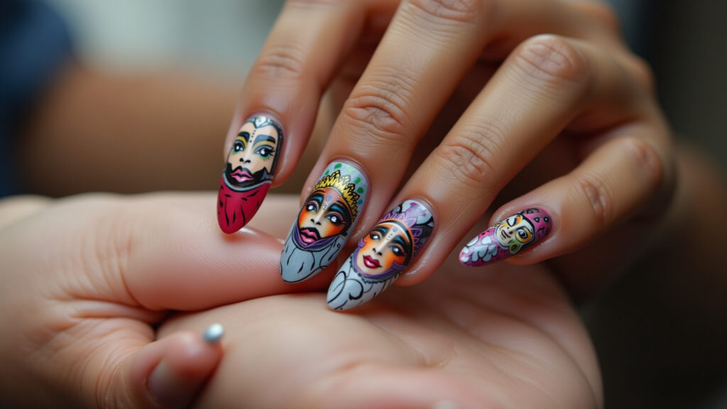 Unhas decoradas com adesivos temáticos de Carnaval.
