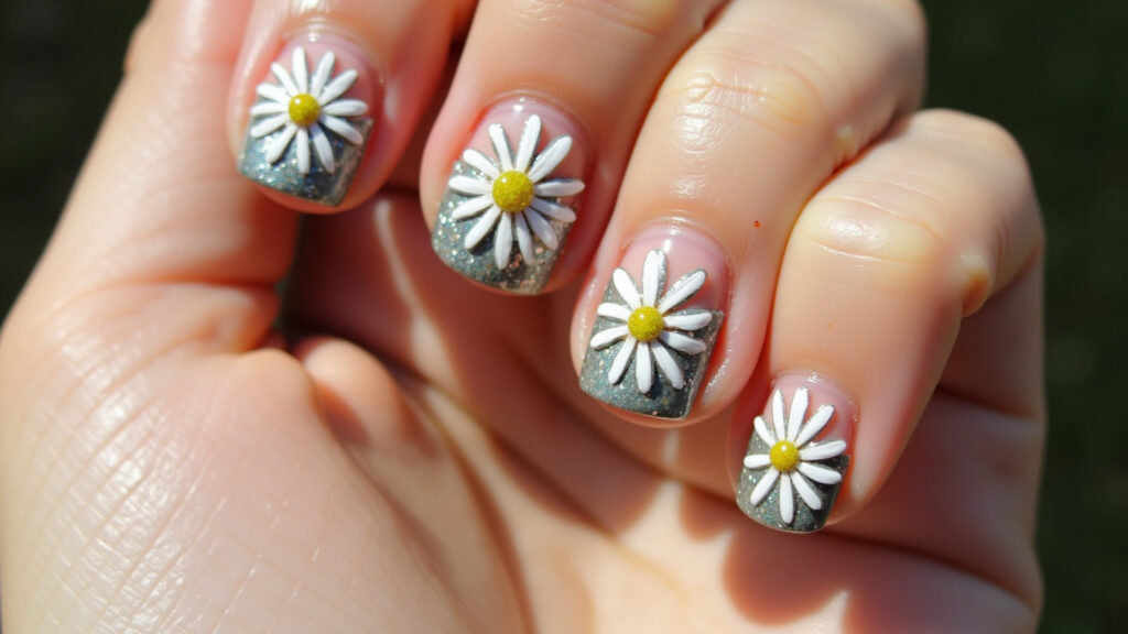 Margaridas com glitter nas pétalas para unhas brilhantes.