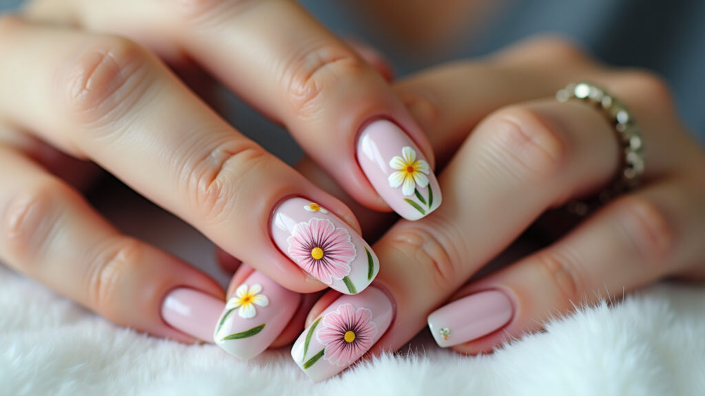 Desenhos delicados à mão livre em unhas para casamento.