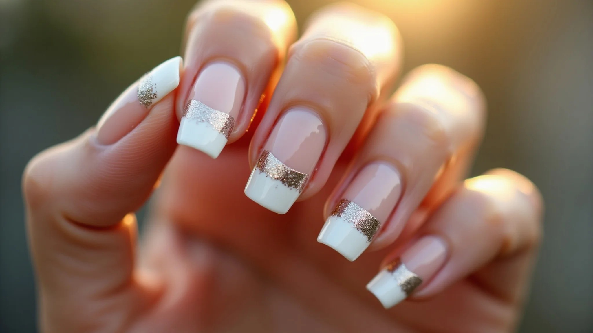Unhas de fibra com francesinha delicada e linha fina de glitter prata.